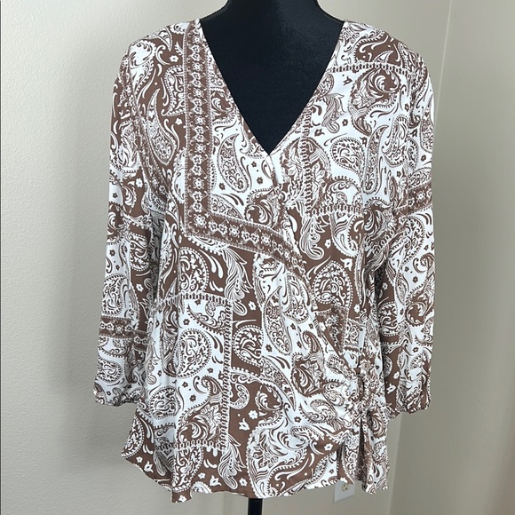 Cato NWT Brown and White Paisley Print  Faux Wrap Blouse | Size XL - Picture 1 of 10